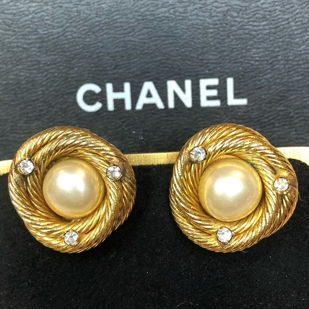 CHANEL 24k Gold Plated Rope Entwined Faux Pearl Earrings w/ Crystal Accents